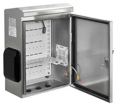 Obrázok produktu pre Vonkajšia elektroinštalačná skrinka, 500 x 400 x 200 mm, vetraná elektroinštalačná skrinka z nehrdzavejúcej ocele s termostatom a ventilátorom, kryt proti dažďu, závesné uchytenie, vodotesná rozvodná skrinka IP65, určená na montáž na stenu alebo stĺpik