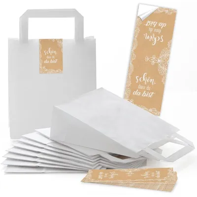Produktbild von Logbuch-Verlag 5 weiße Papiertüten mit Henkel u. Boden + Geschenkaufkleber braun gold Weihnachtsmotive herbstlich Weihnachtsverpackung Geschenk Verpackung Weihnachten"Schön, dass du da bist" beige creme / 10 Stück