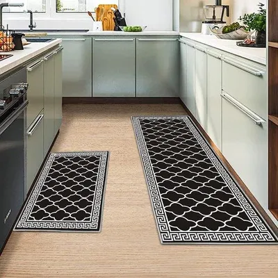 Produktbild von Unyqoos® Antirutsch-Küchenmatten 2er-Set 40×120 & 40×60 cm – 100% Polyester mit kammerelastischer Baumwollzwischenlage, saugfähig & rutschfest für Küche & Bad