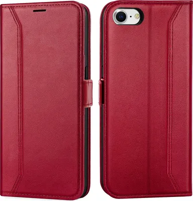 A red flip case for a smartphone is shown from the front and back.
