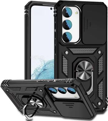 Produktbild von Galaxy S23+ Hülle mit Schiebe Kamera Schutz und Ringhalter Ständer Robust Rüstung Schutzhülle für Samsung Galaxy S23+ Schwarz