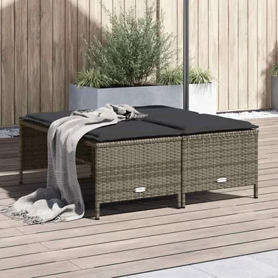 Produktbild von 4 graue Gartenhocker aus Polyrattan mit Kissen für Terrasse, Balkon und Außenbereich