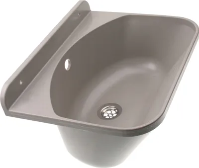 A gray sink basin with a drain is shown against a white background.
