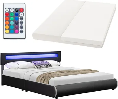 A product image showing a bed frame with LED lighting, a mattress, and a remote control.