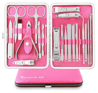 Productafbeelding van Manicure- en pedicure set, 23-delig, roestvrij staal, met reistas van kunstleer, roze/zilver