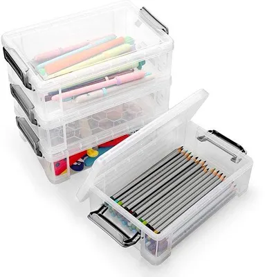 Image de Boîtes de bureau transparentes empilables, lot de 4, gris, 19 x 12 x 6 cm