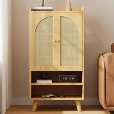 Productafbeelding van Flieks rieten dressoir met 2 rietendeuren en 2 open vakken, buffet met veel opbergruimte, multifunctionele kast voor hal, woonkamer of keuken, naturel
