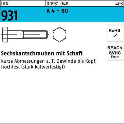 Produktbild von Reyher Sechskantschrauben DIN 931 A 4-80 M 10x180 A 4-80 (10 Stück)