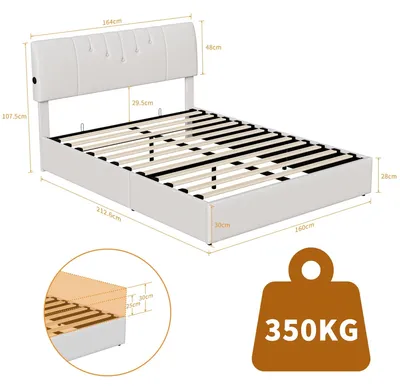 Productafbeelding van Tweepersoonsbed - Boxspringbed - 160 x 200 cm - Gestoffeerd hoofdeinde - Lattenbodem - Opbergruimte - Crème-witte fluwelen bekleding - Zonder matras