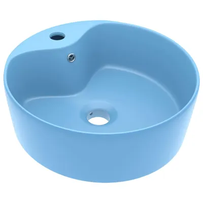 A light blue ceramic sink with a drain and faucet hole.