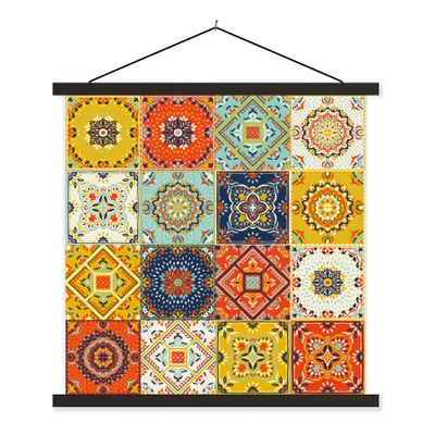 Produktbild von MuchoWow® Textilposter Vintage - Blumen - Muster - Weiß - Orange 120x120 cm mit schwarzem Rahmen - Aufhängungsset