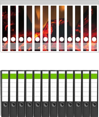 Produktbild von Wallario 12 Stück schmale Ordner inkl. Klebeetiketten mit Motive Glühende Kohle -  Set mit Rückenschildern / Ordnerrücken Stickern
