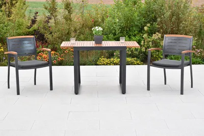 Produktbild von Merxx Gartenmöbel Set Tinos 5tlg., 2 Stapelsessel, 2 Sitzkissen, Balkonausziehtisch 80 (120) x 70 cm- Aluminium/Akazie