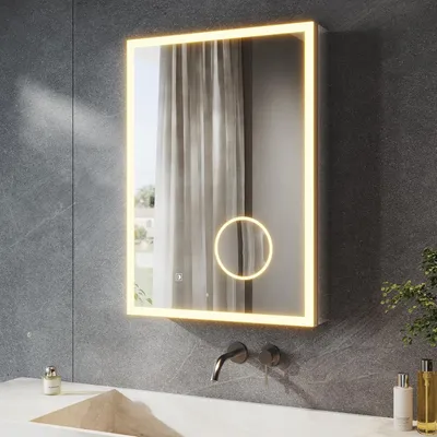 Immagine prodotto di Specchio contenitore a LED per bagno, con specchio ingrandente triplo e presa di corrente, dimensioni 70 x 50 cm, armadietto a specchio in alluminio con interruttore a touch, 3 tonalità di luce