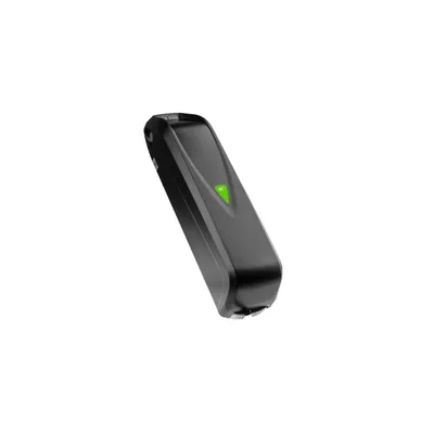 A black electronic device with a green indicator light, isolated on a white background.