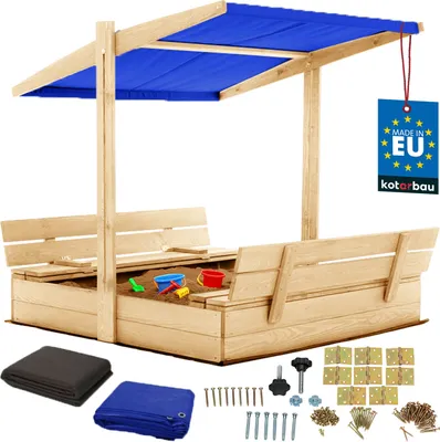 Produktbild von KOTARBAU® Sandkasten mit Abdeckung 120 x 120 cm Großer Naturfarbe Holzsandkasten mit Blau Dach Sandkasten mit Deckel Sandkasten mit Dach Gartenspielzeug Kinder imprägniert verschließbar mit Bänken