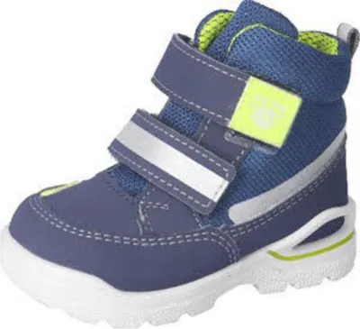 A single blue child's boot is shown against a white background.