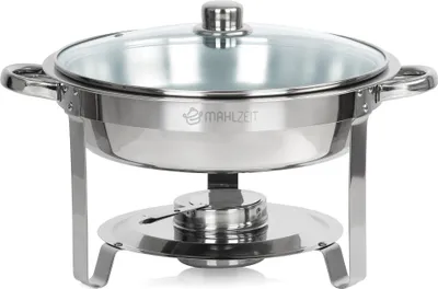 A stainless steel chafing dish with a glass lid and a fuel burner.