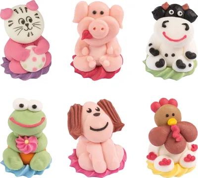 Produktbild von 24 Stück Farmtiere aus Zucker, Katze, Schwein, Kuh, Frosch, Hund und Hahn