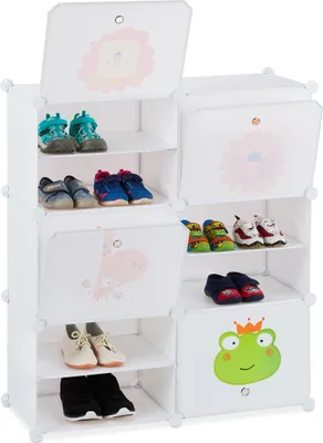 Produktbild von Relaxdays Schuhregal Kinder, 12 Fächer für 24 Paar, Tiermotive, erweiterbares Steckregal HxBxT: 95 x 84 x 31,5 cm, weiß