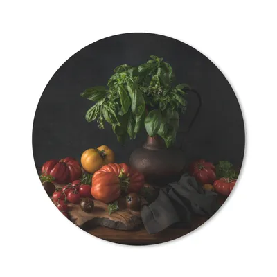 Produktbild von MuchoWow® Mauspad Mousepad Stilleben - Tomaten - Basilikum - Gemälde - Gemüse - Schwarz 50x50 cm - Mousepads - Maus Mat - Pad - Mausunterlage - Vinyl