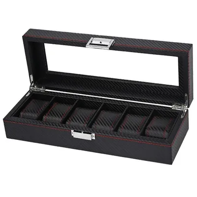 Produktbild von Uhrenschatulle 6St. Carbon schwarz mit roten Details pd59