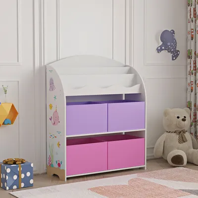 Produktbild von Kinderregal ‘Orust’ mit 4 Aufbewahrungsboxen mit Ozean Motiv
