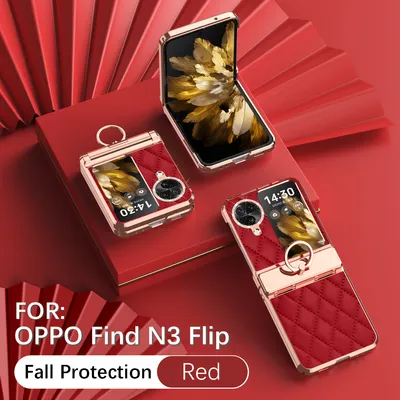 Obrázek produktu pro Kožené pouzdro na Oppo Find N3 Flip s držákem na prsten, blyštivé ochranné pouzdro s ochranou pantu červené