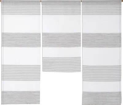 Three striped fabric panels, likely curtains or room dividers, are displayed against a white background.