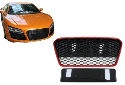 Zdjęcie produktu dla Kratka chłodnicy do Audi R8 42 1 generacji Facelift 13-15 RS Look czarny błyszczący czerwony.