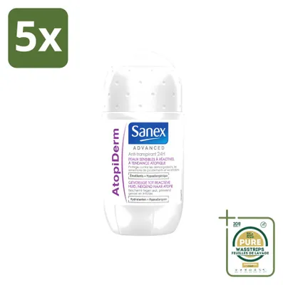 Image de 5 déodorants roll-on Sanex Advanced Atopiderm pour peaux sensibles, 50 ml - Pack économique - 5 pièces