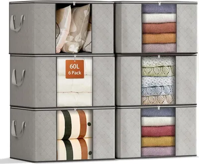 Image de Boîte de rangement avec couvercle, 6 pièces, 60L, Gris, Fenêtre transparente, Poignées renforcées