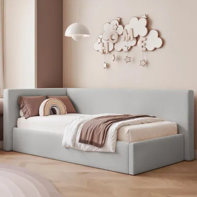 Produktbild von Eckbett Jugendbett Sampre 120x200 cm Grau Links Strukturstoff – Bettkasten, Metalllattenrost