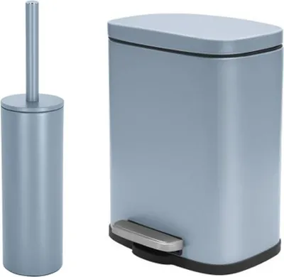Produktbild von spirella Badezimmer Set, 2-teilige Abfalleimer Kosmetikeimer mit Absenkautomatik und WC Bürste “Akira“ Fog Blau