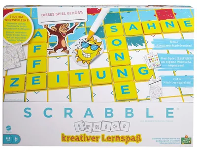 Productafbeelding van HCK86 Scrabble Junior Kids Kreuzworträtsel-Spiel mit 2 Spielebenen 6 Minispielen und Aufklebern für die individuelle Gestaltung Brettspiel ab 6 Jahren