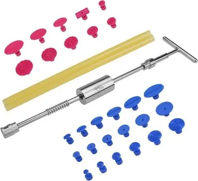 Produktbild von Werkzeugset zur lackschadenfreien Ausbeultechnik, Ausbeulwerkzeug, Gleiter, Hammer, Auszieherlaschen, Saugnapf, Handwerkzeugset