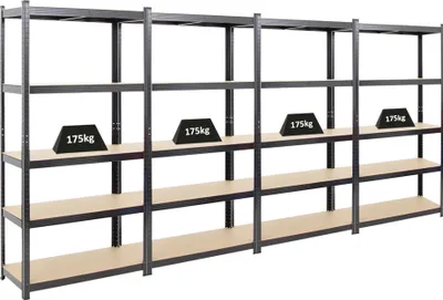 Produktbild von Mega Deal | 4x Schwerlastregal Ragnar | HxBxT 180x90x40cm | 5 MDF-Platten-Ebenen | Fachlast 175kg | Schwarz