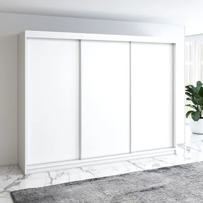 Produktbild von Schwebetürenschrank, 3-türig Schrank mit 4 Schubladen! Moderne Garderobe für Kleidung. Verschiedene Farben (Weiß, Schwarz, Somona) Kleiderschrank  MERO 200 cm