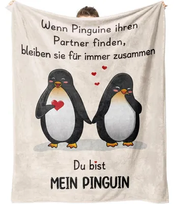 Productafbeelding van Knuffeldekentje met pinguinmotief en de tekst "Ik hou van jou", 157x132 cm, van flanel, ideaal als cadeau