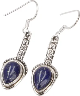 Produktbild von Verzierte Boho Silberohrringe, Indische Edelsteinohrringe - Lapislazulit, Blau, SterlingSilber, 3*1 cm, Silberohrringe