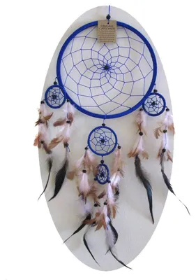 Zdjęcie produktu dla Łapacz snów, pióra, dekoracja, prezent, zawieszka, dzwoneczki wietrzne, harmonizacja wnętrz, wysokość 32 cm: kolor niebieski