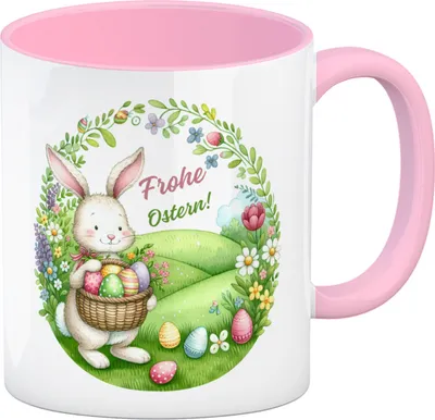 Produktbild von Osterhase Kaffeebecher in rosa mit Spruch Frohe Ostern