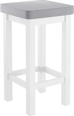 A white wooden bar stool with a gray upholstered seat is shown against a white background.