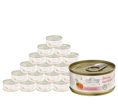 Produktbild von Dehner Premium Lovely Katzenfutter, Nassfutter glutenfrei, für ausgewachsene Katzen, Lachs / Reis, 24 x 70 g Dose (1.68 kg)