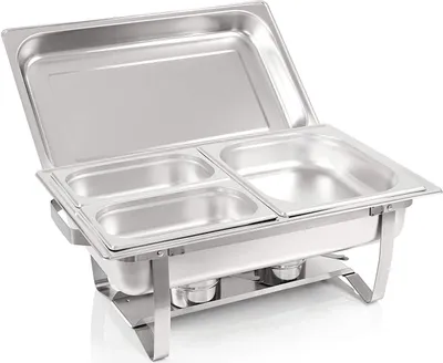 A stainless steel chafing dish with a lid, open to reveal two smaller food pans and one larger food pan.