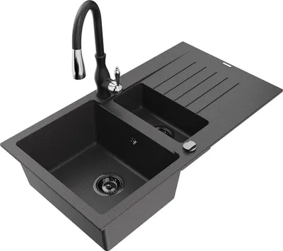 Produktbild von Mexen Matias 1,5-Becken-Granitspüle mit Abtropffläche und Mischbatterie Savita, Schwarz gesprenkelt - 6502-76-672601-70-B