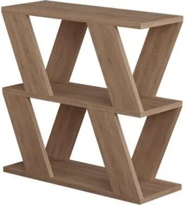 A wooden shelf unit with a zig-zag design.