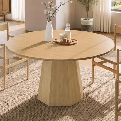 Productafbeelding van Eettafel van massief hout, Ø 120 cm, geschikt voor 4-6 personen, MDF, draagvermogen 60 kg, Scandinavisch-minimalistisch design met natuurlijke houtnerf, eikenkleur