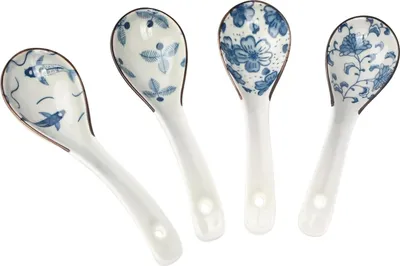 Produktbild von Suppenkelle - 4-teiliges Keramikset - Chinesische Japanische Koreanische Suppenlöffel - Langer gebogener Griff für Ramen Reis Pho Wonton Pasta - Keramische Löffel