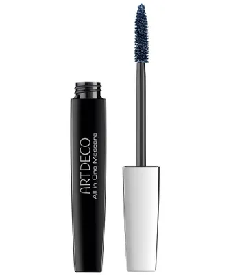 A black mascara tube with a white applicator wand and blue mascara brush, presented against a white background.